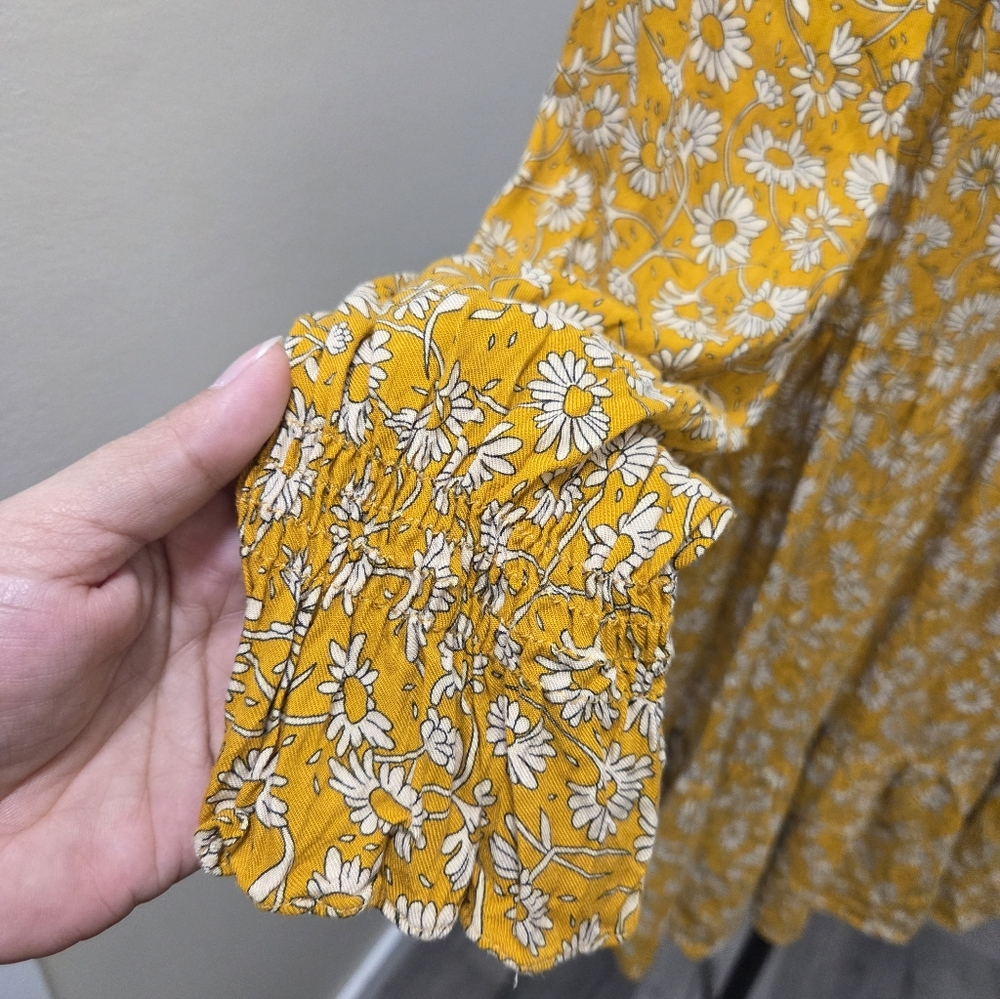 Zara Mustard Yellow Floral Ruffle Dress Boho Prairie Smocked Button Front - Picture 3 of 12